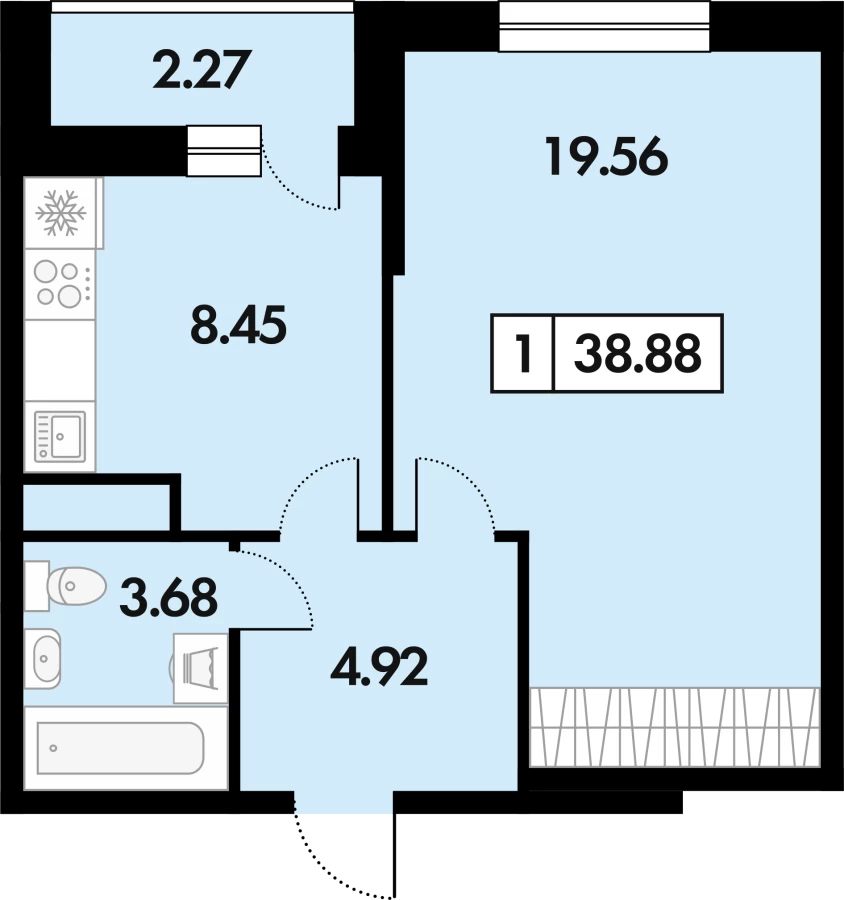 Однокомнатная квартира площадью 38.88м2